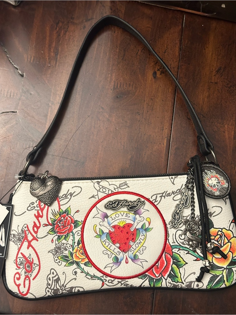 ❤️NEW🖤 Ed Hardy Love Kills Slowly White Shoulder Bag with Red Rose & Heart Motif